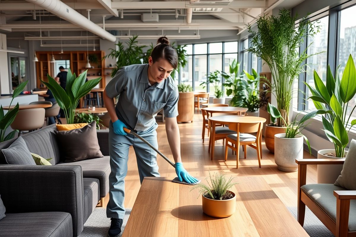 Cleaner wiping a table in a bright co-working lounge full of plants