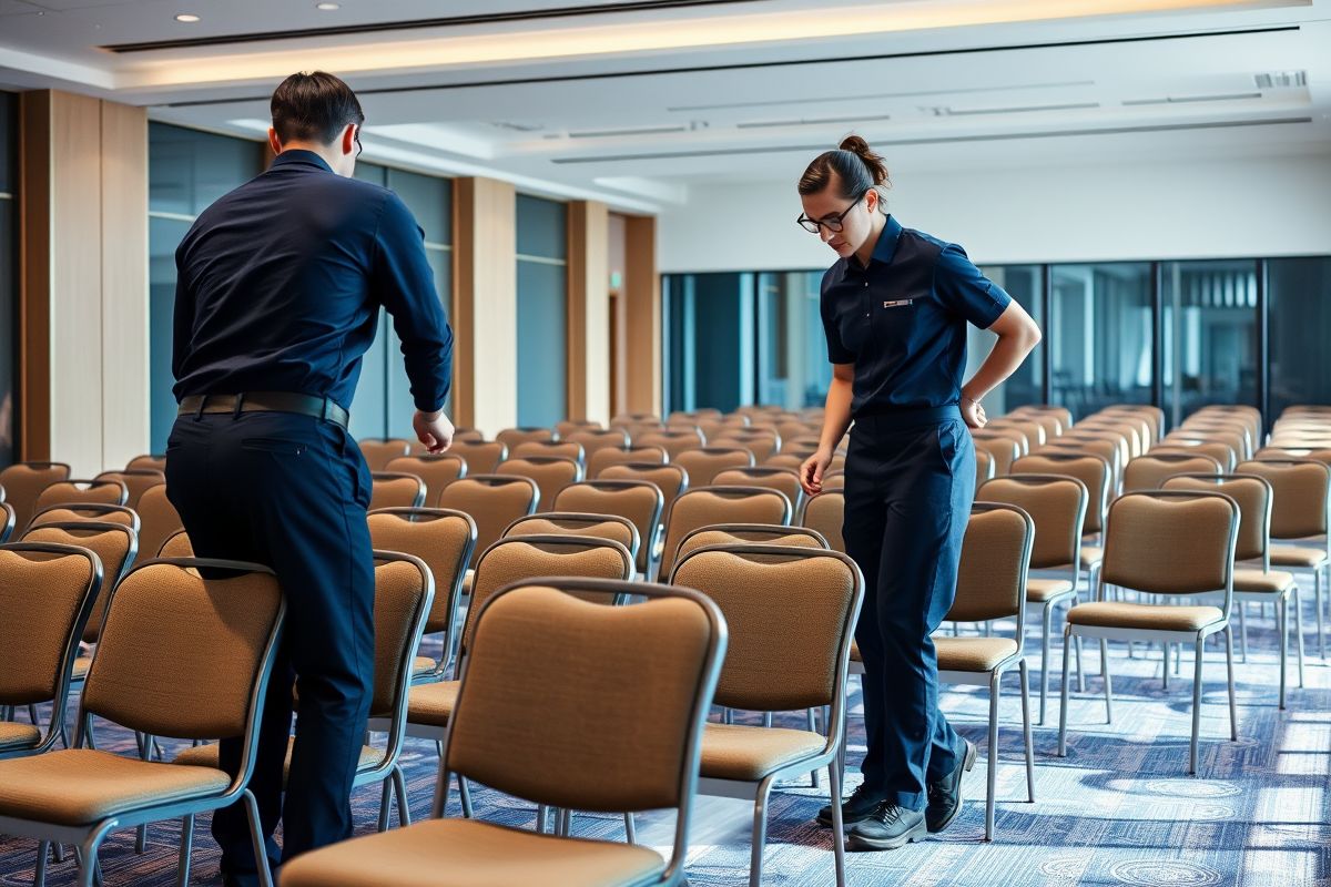 Two staff resetting rows of chairs in a conference room after an event