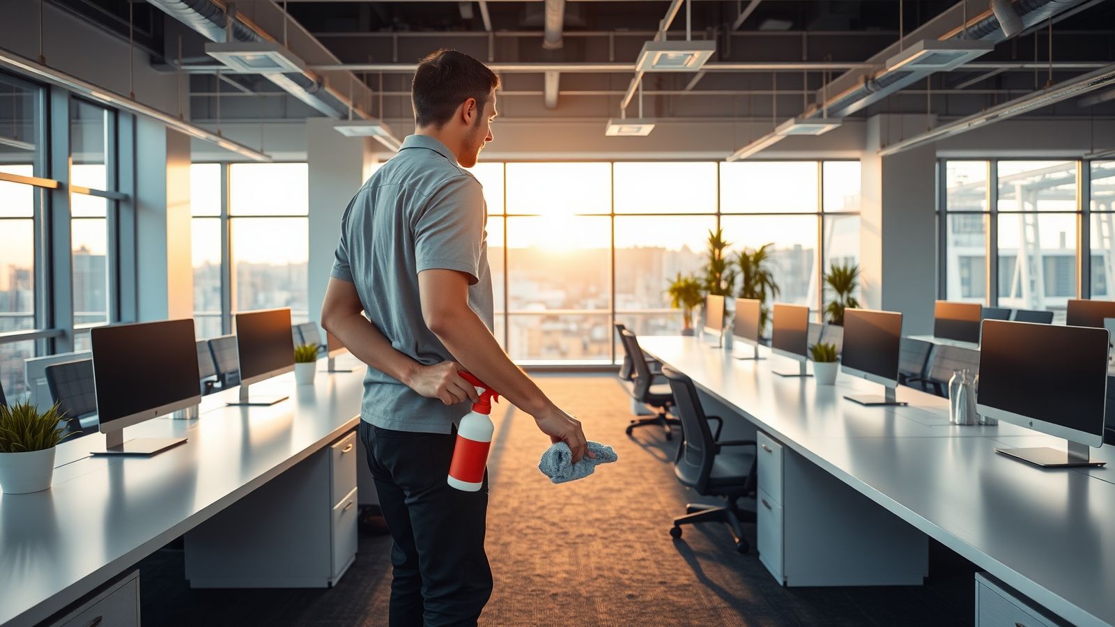 Cleaner with a spray bottle and cloth in a modern open-plan office at sunset