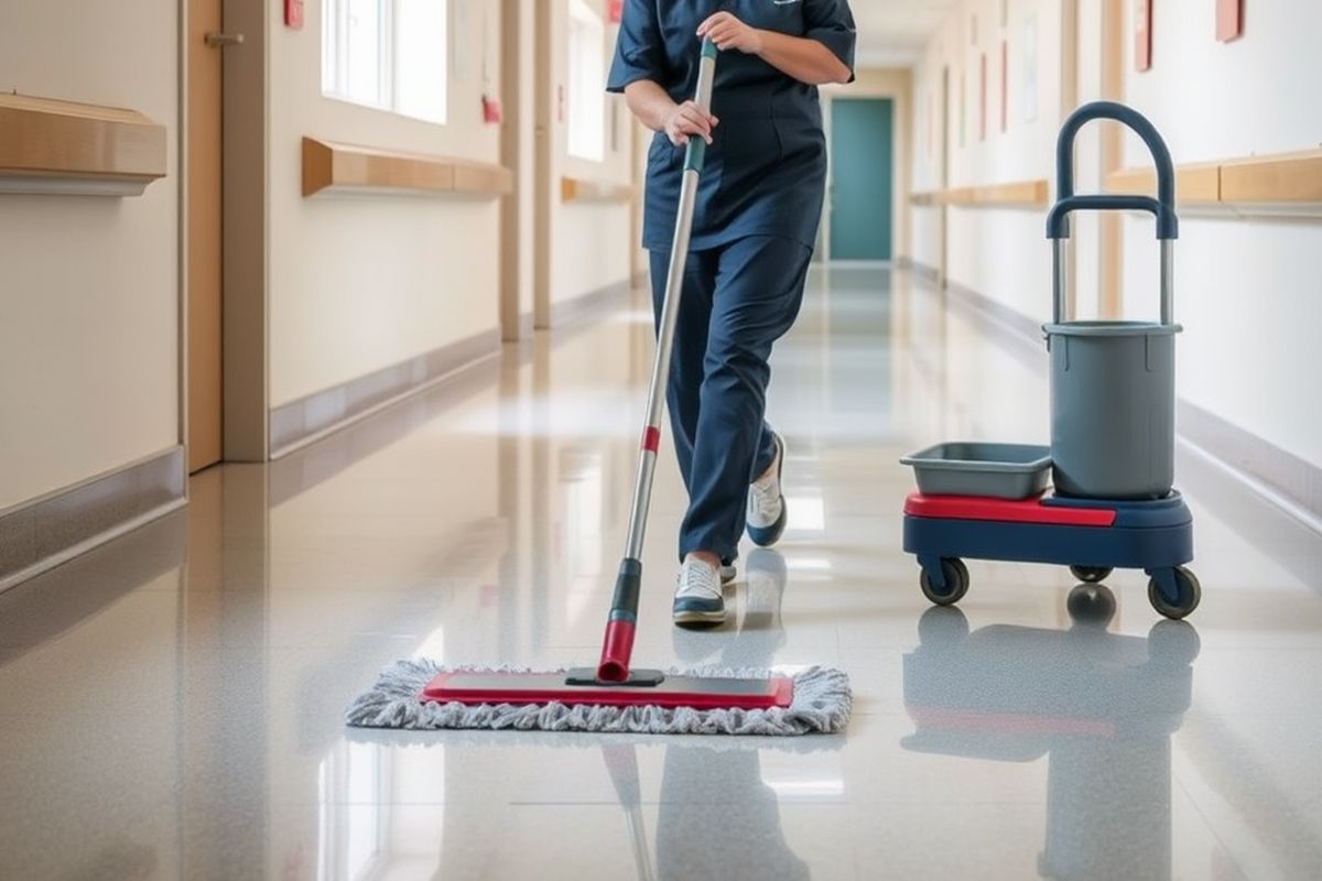 Cleaner mopping a shiny corridor floor beside a mop trolley