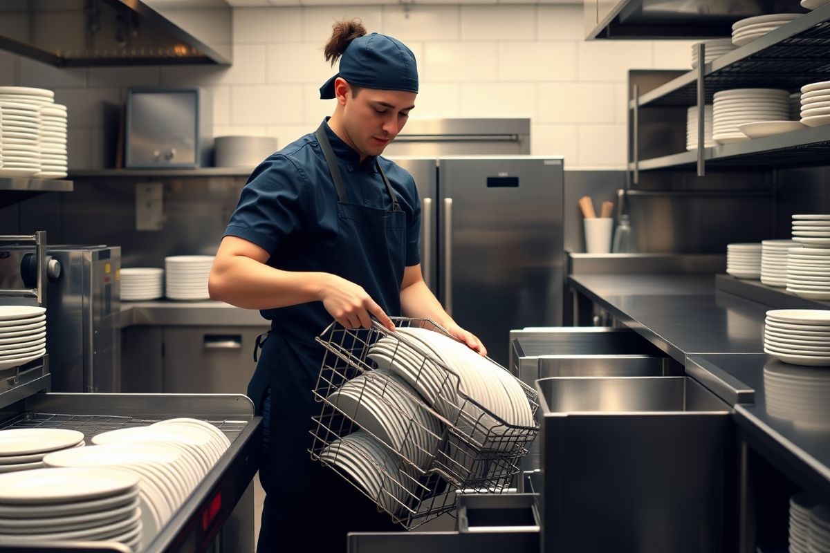 Kitchen porter loading a rack of plates at a commercial dishwasher