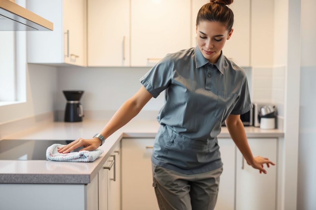 Cleaner wiping the worktop in a modern shared kitchen