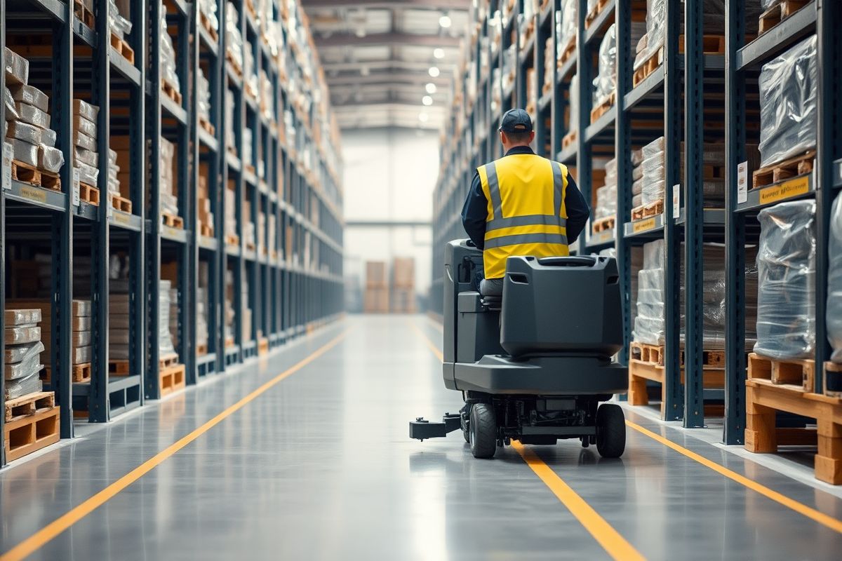 Operative driving a ride-on floor scrubber down a warehouse aisle